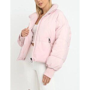 Women’s Pink Outerwear Ribbed Cuffs Slant Pockets Classic Cropped Puffer Jacket